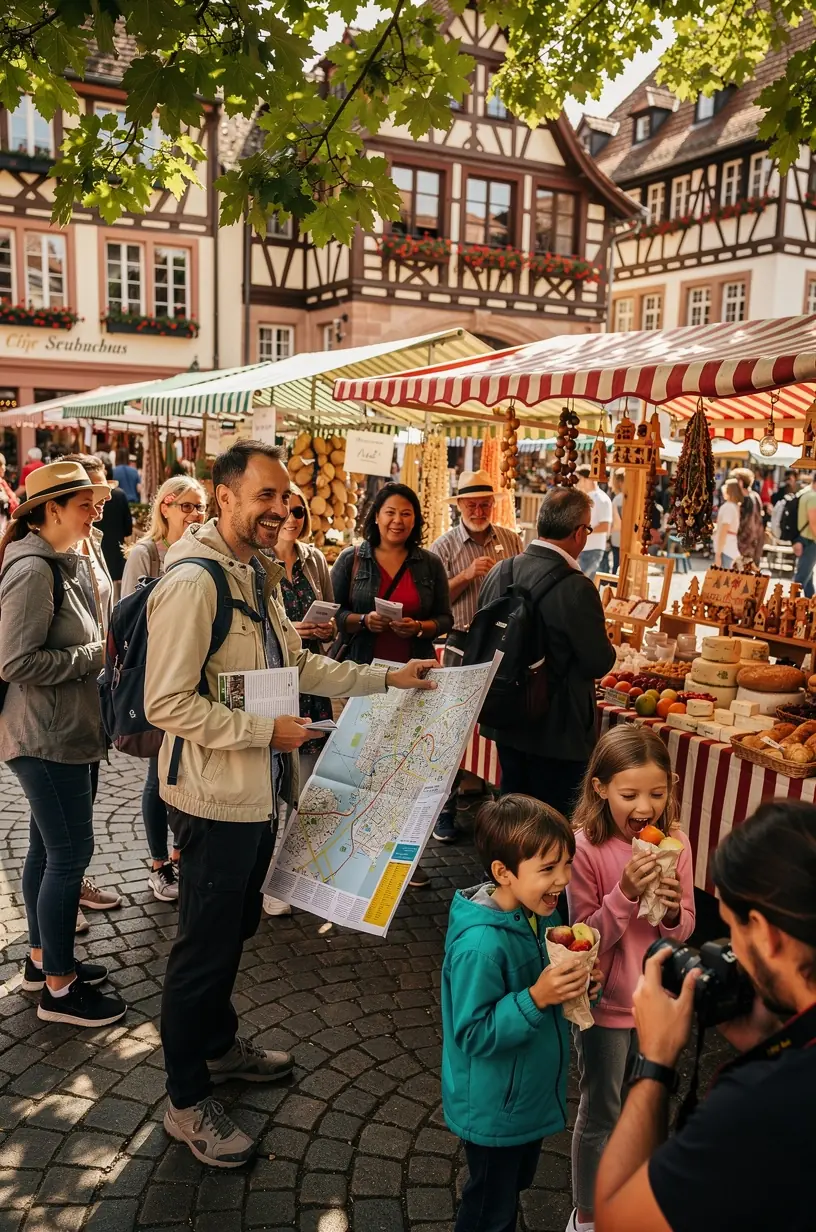 Reisende nutzen Smartphone und gedruckte Karten, um eine selbstgeführte Tour durch ein historisches Viertel zu planen.