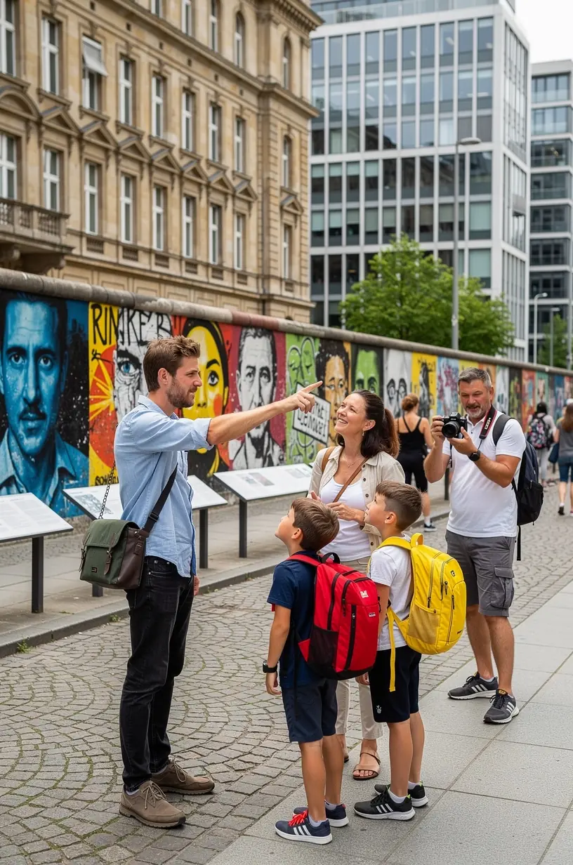 Tourguide erklärt einer Gruppe von Reisenden die Geschichte eines mittelalterlichen Marktplatzes.